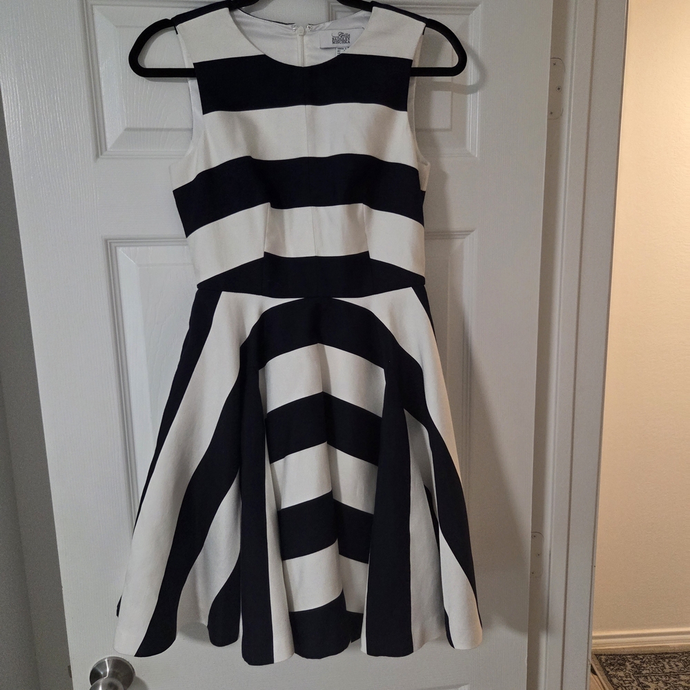 Belle Badgley Mischka Navy and White Striped Fit-and-Flare Cocktail Dress. 2